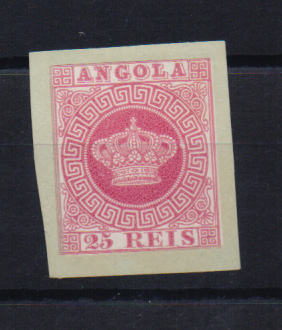 0734.jpg -     Lote:    734            Angola        Descrição:         1870/77 &mdash; Tipo Coroa. CE4, 25 reis. Prova não denteada em carmim sobre papel porcelana colorido em verde-claro.         PRV       Valor Base:     &euro; 15,00     Valor Venda:     &euro; 18,00       