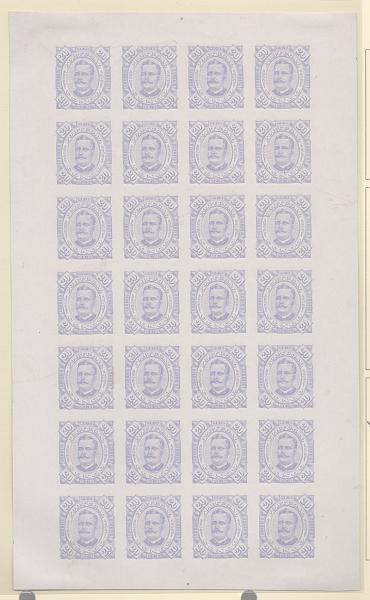 0737.jpg -     Lote:    737            Congo       Descrição:         1894 &mdash; D. Carlos I, tipo Diogo Neto. CE5, 20 reis violeta azul. Folha completa com 28 provas na cor aprovada, não denteadas, em papel porcelana. MB e MR.         PRV       Valor Base:     &euro; 500,00     Valor Venda:     Retirado     