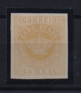 0739.jpg -     Lote:    739            Cabo Verde       Descrição:         1881/85 &mdash; Tipo Coroa. CE13, 40 reis amarelo. Prova não denteada em papel liso médio.         PRV       Valor Base:     &euro; 6,00     Valor Venda:     Retirado     