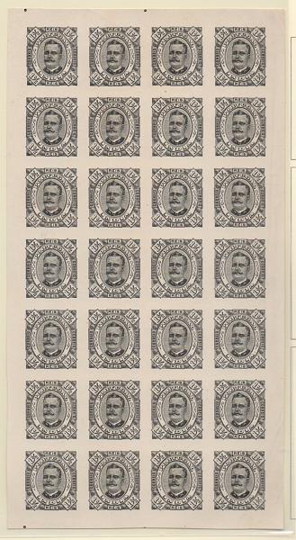 0741.jpg -     Lote:    741            Índia       Descrição:         1895/96 &mdash; D. Carlos I, tipo Diogo Neto. CE139, 1 &frac12; reis preto. Folha completa com 28 provas, na cor aprovada, não denteadas, em papel liso médio calandrado. MB e MR.         PRV       Valor Base:     &euro; 500,00     Valor Venda:     &euro; 500,00       