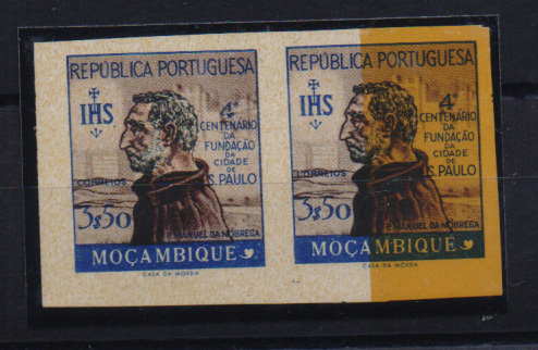 0745.jpg -     Lote:    745            Moçambique       Descrição:         1954 &mdash; 4.º Centenário da Cidade de S. Paulo. Par horizontal de provas não denteadas, da taxa de 3$50. Desenho não aprovado.         PRV       Valor Base:     &euro; 12,00     Valor Venda:     &euro; 28,00       