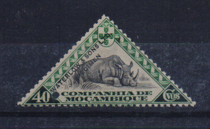0749.jpg -     Lote:    749            Companhia de Moçambique       Descrição:         1937 &mdash; Motivos locais. CE178, 40C. Prova denteada em verde-azul e preto, com furo de segurança e sobrecarga a preto "WATERLOW & SONS LTD / SPECIMEN".         PRV       Valor Base:     &euro; 10,00     Valor Venda:     &euro; 10,00       