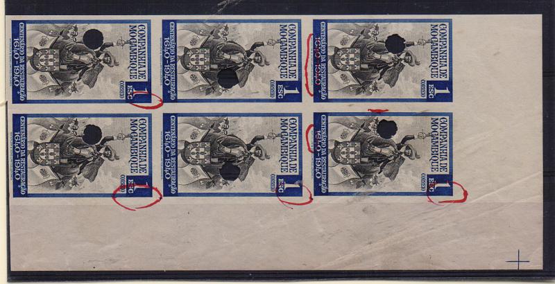 0754.jpg -     Lote:    754            Companhia de Moçambique       Descrição:         1940 &mdash; 3.º Centenário da Restauração de Portugal. CE204, 1E azul e preto. Bloco canto de folha de 6 provas nas cores aprovadas, não denteadas, com furos de segurança, da casa impressora, e correcções à chapa assinaladas a vermelho.         PRV       Valor Base:     &euro; 30,00     Valor Venda:     Retirado     