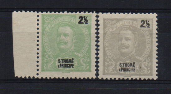 0757.jpg -     Lote:    757            S. Tomé e Príncipe       Descrição:         1898/1901 &mdash; D. Carlos I. CE43, 2 &frac12; reis. Prova de cor em verde. Acompanha selo original com a cor aprovada para comparação.         PRV       Valor Base:     &euro; 10,00     Valor Venda:     &euro; 10,00       