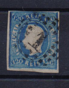 0758.jpg -     Lote:    758            Portugal       Descrição:         1866/67 — D. Luís I, fita curva. Não denteados. CE26, 120 reis azul, com margens curtas. Dupla impressão de cor.         O       Valor Base:     € 100,00     Valor Venda:     Retirado     
