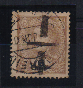 0762.jpg -     Lote:    762            Portugal       Descrição:         1898/900 — D. Carlos I Mouchon, com sobretaxa. CE157, 6 reis castanho. Selo com sobretaxa ¼ a preto, provavelmente falsa.         O       Valor Base:     € 10,00     Valor Venda:     € 22,00       