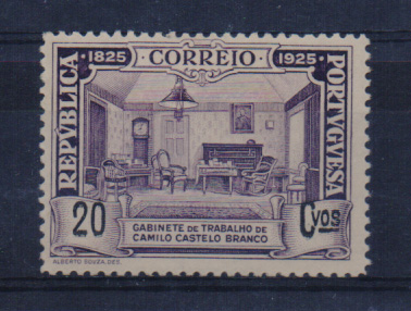 0767.jpg -     Lote:    767            Portugal       Descrição:         1925 — Centenário de Camilo Castelo Branco. CE339, 20C. Selo com dupla impressão da taxa.         **       Valor Base:     € 6,00     Valor Venda:     € 18,00       