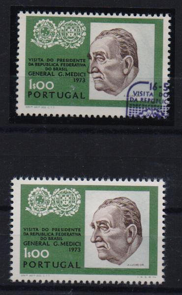 0791.jpg -     Lote:    791            Portugal       Descrição:         1973 — Visita do Presidente Medicis. CE1184. Selo com impressão deslocada da cor sépia (deslocação do busto. Acompanha selo normal para comparação. MR.         O       Valor Base:     € 12,00     Valor Venda:     € 12,00       