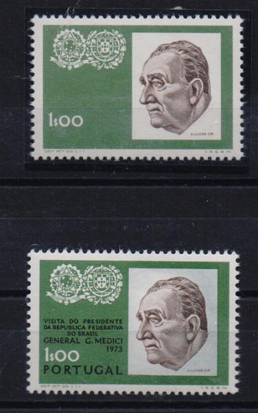 0794.jpg -     Lote:    794            Portugal       Descrição:         1973 — Visita do Presidente Medicis. CE1184. Selo com falta de impressão da cor preta (Faltam as legendas). Acompanha selo normal para comparação. MR.         ***       Valor Base:     € 30,00     Valor Venda:     € 48,00       