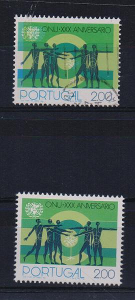 0805.jpg -     Lote:    805            Portugal       Descrição:         1975 — 20.º Aniversário da ONU. CE1258, 2$00. Selo com deslocação da cor verde claro. Acompanha selo normal para comparação.         O       Valor Base:     € 10,00     Valor Venda:     € 14,00       