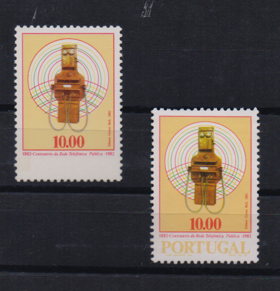 0821.jpg -     Lote:    821            Portugal       Descrição:         1982 — 1.º Centenário da Rede Pública Telefónica. CE1567, 10$00. Cor amarela não impressa, sem legenda "PORTUGAL". Acompanha selo normal para comparação.         ***       Valor Base:     € 40,00     Valor Venda:     Retirado     