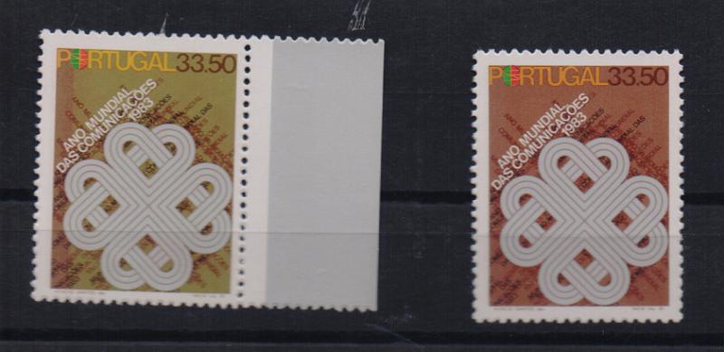 0822.jpg -     Lote:    822            Portugal       Descrição:         1983 — Ano Mundial das Comunicações. CE1602, 33$50. Selo sem impressão da cor castanha. Acompanha selo normal para comparação.         ***       Valor Base:     € 20,00     Valor Venda:     € 20,00       