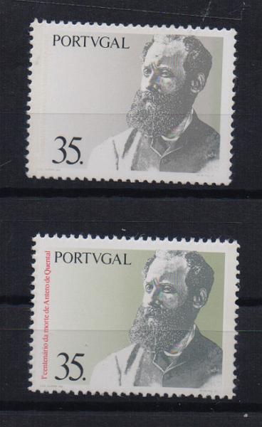 0825.jpg -     Lote:    825            Portugal       Descrição:         1991 — Centenário da Morte de Antero de Quental. CE2020, 35$00. Selo com omissão da cor vermelha. Falta legenda. Acompanha selo normal para comparação.         ***       Valor Base:     € 40,00     Valor Venda:     € 40,00       