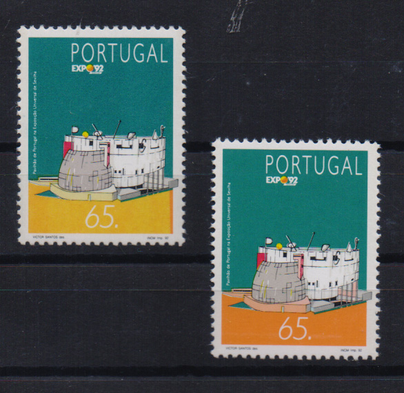 0826.jpg -     Lote:    826            Portugal       Descrição:         1992 — Expo'92. CE2073, 65$00. Selo com omissão da cor laranja. Acompanha selo normal para comparação.         ***       Valor Base:     € 20,00     Valor Venda:     Retirado     