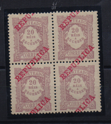 0829.jpg -     Lote:    829            Portugal       Descrição:         Porteado. Tipo de 1904, com sobrecarga REPUBLICA. CE16, 20 reis. Quadra com a sobrecarga deslocada. Não catalogada.         ***       Valor Base:     € 5,00     Valor Venda:     Retirado     