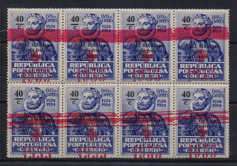0840.jpg -     Lote:    840            Portugal       Descrição:         1935 — Porte Franco. Cruz Vermelha Portuguesa. Selos do Centenário de Luís de Camões, sobrecarregados. CE CVP 53, 40C ultramar. Bloco com 8 selos de refugo, anulados com tinta vermelha com a sobrecarga deslocada.         O       Valor Base:     € 15,00     Valor Venda:     Retirado     