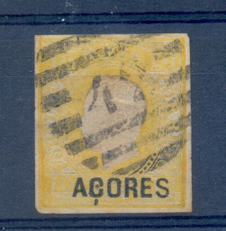 0844.jpg -     Lote:    844            Açores       Descrição:         1868 — D. Luís I. Fita curva, não denteado. CE 2, 10 réis amarelo. SELO FALSO. Carimbo numérico (42) 2ª reforma — Angra do Heroísmo.         *       Valor Base:     € 15,00     Valor Venda:     Retirado     
