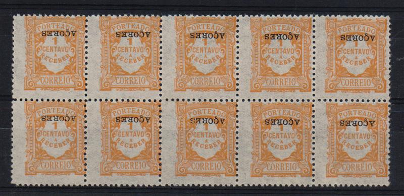 0848.jpg -     Lote:    848            Açores       Descrição:         1918 — Porteado. Emissão regular. Valor em centavos. Selos do Continente com sobrecarga "AÇORES". CE POR16, 1C laranja. Bloco de 10 selos com a sobrecarga invertida.         ***       Valor Base:     € 10,00     Valor Venda:     Retirado     