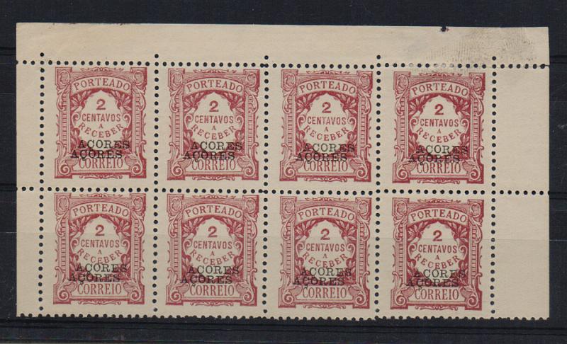 0849.jpg -     Lote:    849            Açores       Descrição:         1918 — Porteado. Emissão regular. Valor em centavos. Selos do Continente com sobrecarga "AÇORES". CE POR17, 2C lilás vermelho. Bloco de 5 selos com dupla sobrecarga.         ***       Valor Base:     € 10,00     Valor Venda:     Retirado     