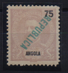 0850.jpg -     Lote:    850            Angola       Descrição:         1914 — D. Carlos I tipo Mouchon, com sobrecarga REPUBLICA local a verde. CE161, 75 reis, com a sobrecarga invertida.         *       Valor Base:     € 8,00     Valor Venda:     Retirado     