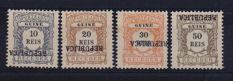 0857.jpg -     Lote:    857            Guiné       Descrição:         1915 — Porteado. Emissão regular, valor em reis, com sobrecarga REPUBLICA tipografada localmente. CE POR 2½4, 10, 20, 30 e 50 reis. Os quatro selos com a sobrecarga invertida.         *       Valor Base:     € 30,00     Valor Venda:     Retirado     
