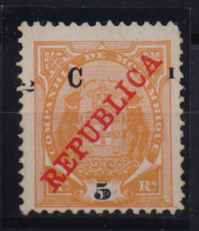 0869.jpg -     Lote:    869            Moçambique       Descrição:         1916 — Tipo Elefante, com sobrecarga REPUBLICA da Casa da Moeda e sobretaxa. CE93, ½ C s/ 5 reis laranja. Selo com a sobrecarga deslocada.         *       Valor Base:     € 7,00     Valor Venda:     € 10,00       