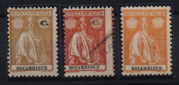 0874.jpg -     Lote:    874            Moçambique       Descrição:         1914/21 — Ceres. Lote de três selos: (7 ½ C), CE 160, novo e (10 C) CE 162, usado, ambos com o algarismo do valor. omissos; e selo de (3 C), CE 224, novo, com valor omisso.         */O       Valor Base:     € 12,00     Valor Venda:     € 27,00       