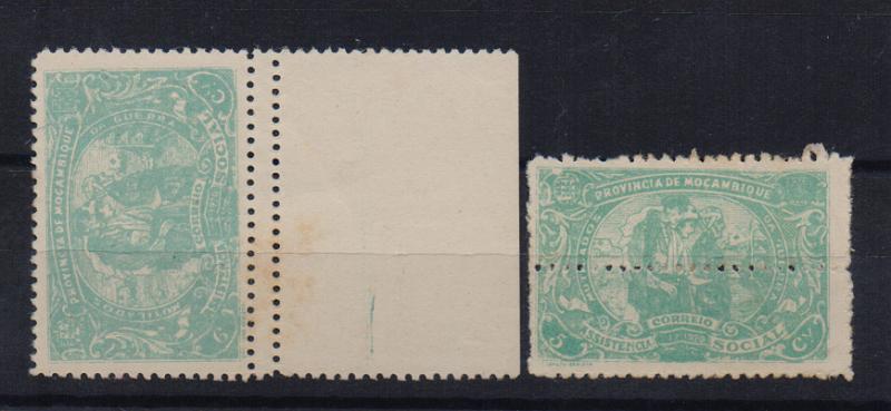0875.jpg -     Lote:    875            Moçambique       Descrição:         1920 — Mutilados de Guerra. CE212, 5C verde-azul. Lote de dois selos com denteados deslocados.         **       Valor Base:     € 12,00     Valor Venda:     € 18,00       