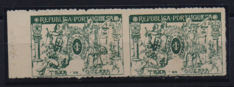 0882.jpg -     Lote:    882            Moçambique       Descrição:         1918 — Taxa de Guerra. CE IP3, 1C verde. Par horizontal, sem denteado vertical.         *       Valor Base:     € 5,00     Valor Venda:     € 34,00       