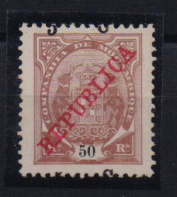 0888.jpg -     Lote:    888            Companhia de Moçambique       Descrição:         1916 — Tipo Elefante, com sobrecarga REPUBLICA da Casa da Moeda e sobretaxa. CE98, 5 C s/ 5o reis castanho. Selo com a sobrecarga deslocada.         *       Valor Base:     € 7,00     Valor Venda:     € 7,00       