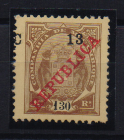 0890.jpg -     Lote:    890            Companhia de Moçambique       Descrição:         1916 — Tipo Elefante, com sobrecarga REPUBLICA da Casa da Moeda e sobretaxa. CE102,13 C s/ 130 reis castanho. Selo com a sobrecarga deslocada.         **       Valor Base:     € 7,00     Valor Venda:     € 16,00       