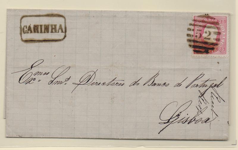 0903.jpg -     Lote:    903            Portugal       Descrição:         Carimbos nominativos. 1870/76 &mdash; D. Luís I, fita direita. CE40, 25 reis carmim, denteado 12 &frac12;, em carta circulada de Caminha para Lisboa (03.07.1876) com trânsito pelo Porto (02.07.76). Carimbo batido a preto "CAMINHA".         Carta       Valor Base:     &euro; 12,00     Valor Venda:     Retirado     