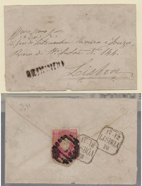 0905.jpg -     Lote:    905            Portugal       Descrição:         Carimbos nominativos. 1870/76 &mdash; D. Luís I, fita direita. CE40, 25 reis denteado 12 &frac12;, em sobrescrito circulado de Redondo para Lisboa (17.12.76). Carimbos batidos a preto "REDONDO" e numérico da 2.ª reforma "184".         Carta       Valor Base:     &euro; 15,00     Valor Venda:     Retirado     