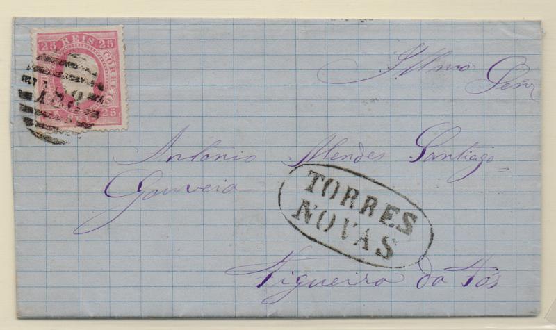 0906.jpg -     Lote:    906            Portugal       Descrição:         Carimbos nominativos. 1870/76 &mdash; D. Luís I, fita direita. CE40, 25 reis denteado 13 &frac12;, em sobrescrito circulado de Torres Novas para a Figueira (17.12.76). Carimbos batidos a preto "TORRES NOVAS" e numérico da 2.ª reforma "188"..         Carta       Valor Base:     &euro; 12,00     Valor Venda:     &euro; 14,00       