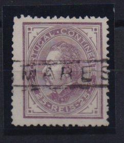0908.jpg -     Lote:    908            Portugal       Descrição:         Carimbos nominativos. 1880/81 &mdash; D. Luís I. De perfil. CE54, violeta vermelho. Obliterado com carimbo batido a preto de "AMARES".         O       Valor Base:     &euro; 10,00     Valor Venda:     Retirado     