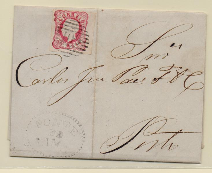 0919.jpg -     Lote:    919            Portugal       Descrição:         Carimbos nominativos. 1862/64 &mdash; D. Luís I. CE16, 25 reis rosa, com boas margens, circulado em carta remetida de Ponte de Lima (13.12.63) para o Porto. Carimbo batido a preto de PONTE DE LIMA.         Carta       Valor Base:     &euro; 10,00     Valor Venda:     &euro; 12,00       