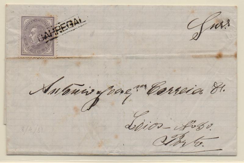 0922.jpg -     Lote:    922            Portugal       Descrição:         Carimbos nominativos. 1880/81 &mdash; D. Luís I, de perfil. CE54, 25 reis, denteado 12 &frac12;, em sobrescrito circulado de carregal do Sal para o Porto (08.04.81). Selo obliterado com carimbo batido a preto "CARREGAL". MB e R.         Carta       Valor Base:     &euro; 20,00     Valor Venda:     Retirado     