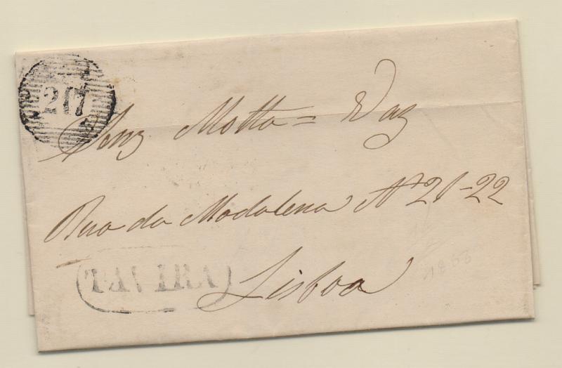 0923.jpg -     Lote:    923            Portugal       Descrição:         Carimbos nominativos. 1855/56 &mdash; D. Pedro V. Cabelos lisos. CE7, 25 reis azul (cunho II). Selo com margens curtas em carta circulada de Tavira (14.02.56) para Lisboa (16.02.56). Carimbo numérico de 20 barras "217" + nominativo de "TAVIRA", todos batidos a preto.         Carta       Valor Base:     &euro; 15,00     Valor Venda:     &euro; 18,00       