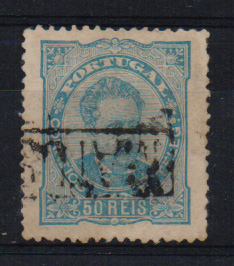 0932.jpg -     Lote:    932            Portugal       Descrição:         Carimbos nominativos. 1882/83 &mdash; D. Luís I, de frente. CE58, 50 reis azul, denteado 13 &frac12;. Obliterado com carimbo batido a preto "MATOSINHOS".         O       Valor Base:     &euro; 5,00     Valor Venda:     &euro; 12,00       