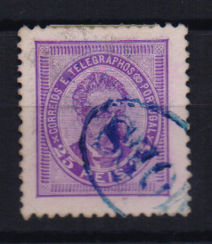 0935.jpg -     Lote:    935            Portugal       Descrição:         Carimbos nominativos. 1884/87 &mdash; D. Luís I. De frente. CE63, 25 reis, obliterado com carimbo batido a azul de "MÕES".         O       Valor Base:     &euro; 10,00     Valor Venda:     &euro; 10,00       