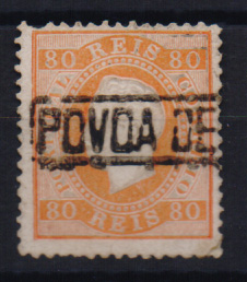 0937.jpg -     Lote:    937            Portugal       Descrição:         Carimbos nominativos. 1870/76 &mdash; D. Luís I. Fita direita. CE42, 80 reis laranja. Obliterado com carimbo batido a preto de "PÓVOA DE VARZIM"         O       Valor Base:     &euro; 15,00     Valor Venda:     Retirado     
