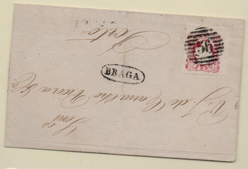 0940.jpg -     Lote:    940            Portugal       Descrição:         Carimbos nominativos. 1856/58 &mdash; D. Pedro V. cabelos anelados. CE13, 25 reis, com margens muito largas em carta circulada de Braga (25.10.58). Carimbos batidos a preto numérico "56" tipo 3.5.3 e nominativo "BRAGA".         Carta       Valor Base:     &euro; 10,00     Valor Venda:     Retirado     