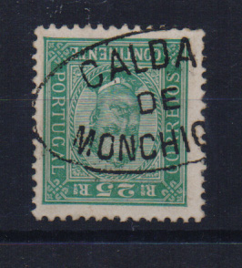 0943.jpg -     Lote:    943            Portugal       Descrição:         Carimbos nominativos. 1892 &mdash; D. Carlos I tipo Diogo Neto. CE70, 25 reis verde, obliterado com carimbo batido a preto "CALDAS / DE / MONCHIQUE).         O       Valor Base:     &euro; 10,00     Valor Venda:     &euro; 22,00       