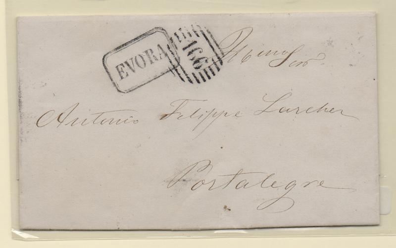 0944.jpg -     Lote:    944            Portugal       Descrição:         Carimbos nominativos. 1856/58 &mdash; D. Pedro V, cabelos anelados. CE13, 25 reis rosa, em carta circulada de Évora para Portalegre. Carimbos batidos a preto "188, tipo 3.5.3" + "ÉVORA".         Carta       Valor Base:     &euro; 8,00     Valor Venda:     Retirado     