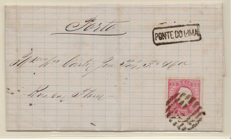 0945.jpg -     Lote:    945            Portugal       Descrição:         Carimbos nominativos. 1870/76 &mdash; D. Luís I, fita direita. CE40, 25 reis, papel liso, denteado 12 &frac12; em carta circulada de Ponte do Lima para o Porto (10.12.75) obliterada com carimbo batido a preto "PONTE DO LIMA".         Carta       Valor Base:     &euro; 8,00     Valor Venda:     Retirado     