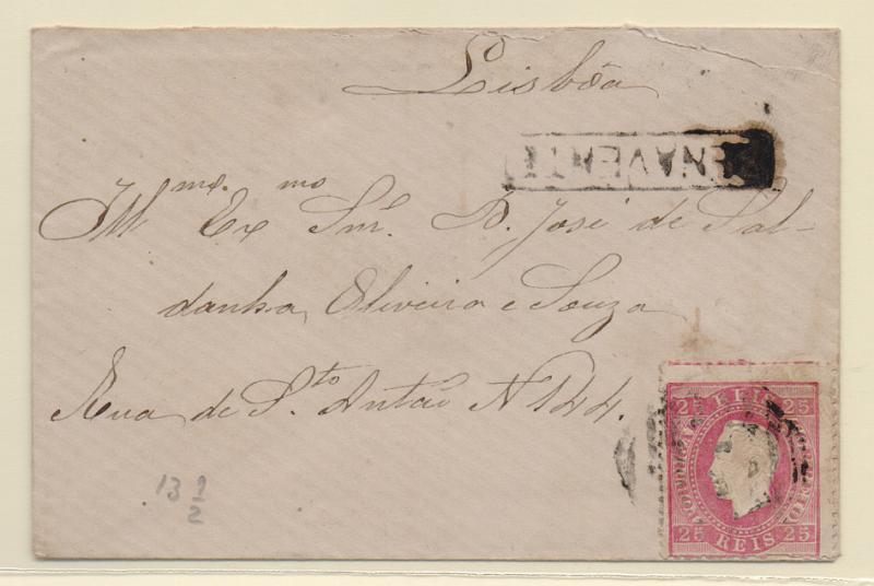 0946.jpg -     Lote:    946            Portugal       Descrição:         Carimbos nominativos. 1870/76 &mdash; D. Luís I, fita direita. CE40, 25 reis, denteado 13 &frac12;, em sobrescrito circulado de Benavente para Lisboa (20.08.76). Carimbo batido a preto de "BENAVENTE".         Carta       Valor Base:     &euro; 15,00     Valor Venda:     &euro; 15,00       