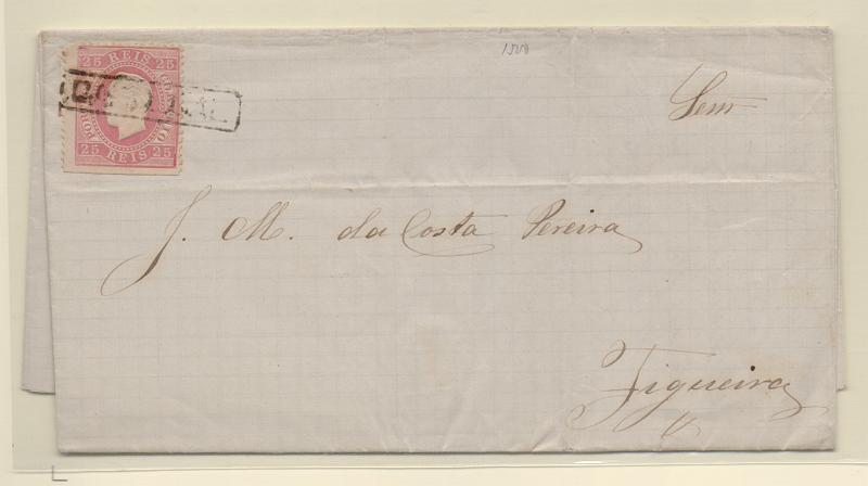0947.jpg -     Lote:    947            Portugal       Descrição:         Carimbos nominativos. 1870/76 &mdash; D. Luís I, fita direita. CE40, 25 reis rosa em carta circulada do Carregal para a Figueira, obliterado carimbo batido a preto do CARREGAL.         Carta       Valor Base:     &euro; 15,00     Valor Venda:     Retirado     