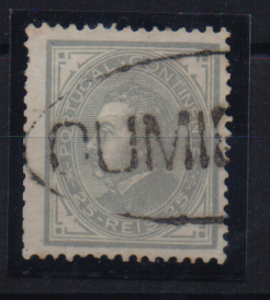 0950.jpg -     Lote:    950            Portugal       Descrição:         Carimbos nominativos. 1880/81 &mdash; D. Luís. De perfil. CE54, 25 reis cinzento obliterado com carimbo batido a preto "CUMIEIRA".         O       Valor Base:     &euro; 15,00     Valor Venda:     &euro; 16,00       