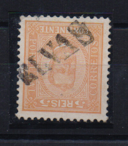0951.jpg -     Lote:    951            Portugal       Descrição:         Carimbos nominativos. 1892/93 &mdash; D. Carlos I tipo Diogo Neto.CE68, 5 reis laranja, denteado 11 &frac12;, papel porcelana, obliterado com carimbo batido a preto "ELVAS".         O       Valor Base:     &euro; 15,00     Valor Venda:     &euro; 18,00       