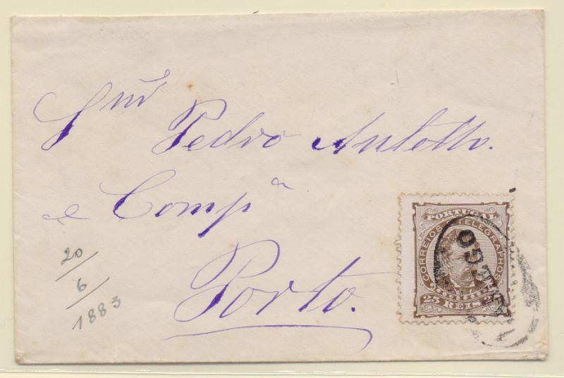 0956.jpg -     Lote:    956            Portugal       Descrição:         Carimbos nominativos. 1882/83 &mdash; D. Luís. De frente. CE57, 25 reis castanho em carta remetida de Lamego para o Porto (20.06.83).Carimbo nominativo batido a preto de LAMEGO.         Carta       Valor Base:     &euro; 50,00     Valor Venda:     &euro; 50,00       